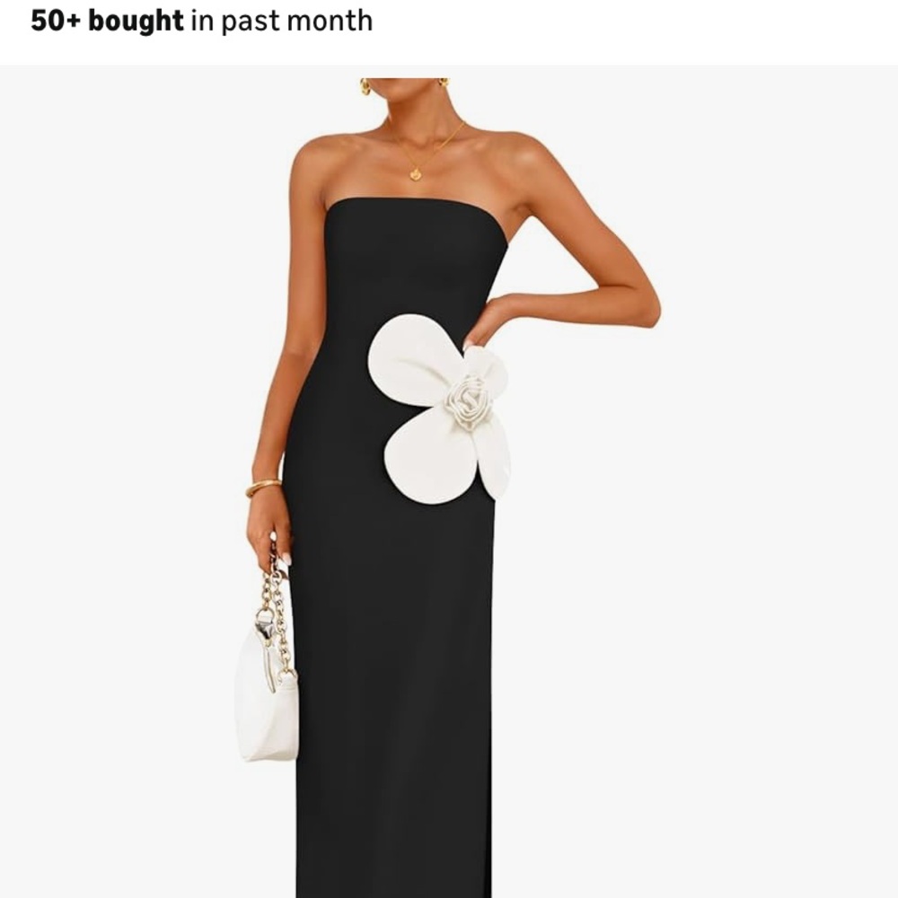 Chic Strapless Black Dress with White Floral Detail
